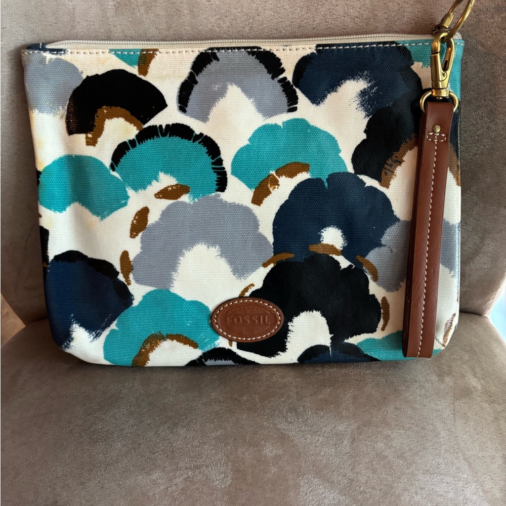 Fossil Blue, Gray,Aqua Patterned Coated Canvas Wristlet